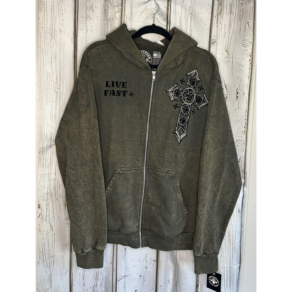 NWT Affliction Hoodie Mens M Full Zip Wing Cross Y2K Graphic Emo Spellout